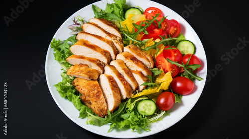 Chicken fillet with salad on wood table. Healthy food. Generative AI.