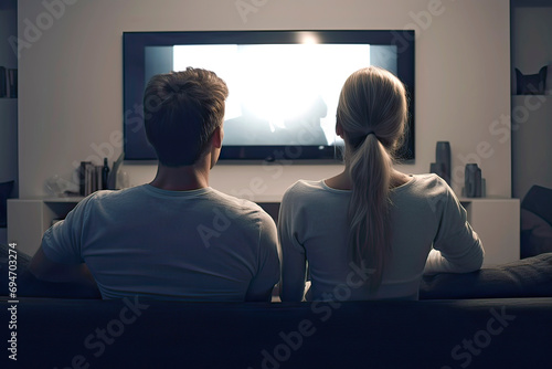 Rear view of a couple watching television on a sofa at home. Blank screen view