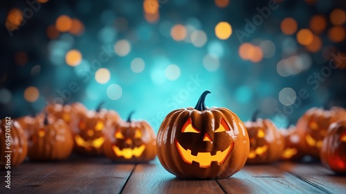 Halloween pumpkins on a wooden bench with bokeh city light. Created with Generative AI