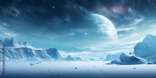 Beautiful winter time and snow space with mountain and big moon with sky blue background © Haleema