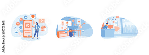 Overload information. Girl hiding under table. Stressed person in info flood. Overload information set flat vector modern illustration