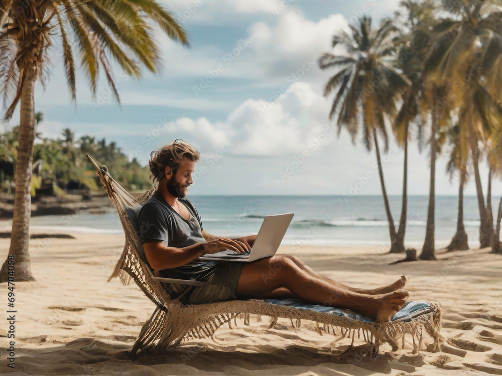 A digital nomad, working with a laptop and talking on the phone
