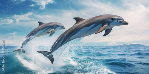 The two playful dolphins are jumping across the waves of the vast ocean at sunrise morning background © Haleema
