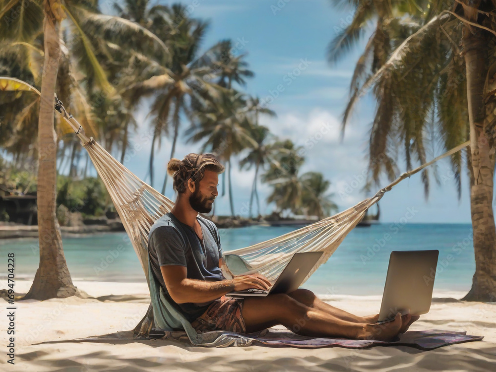 A digital nomad, working with a laptop and talking on the phone