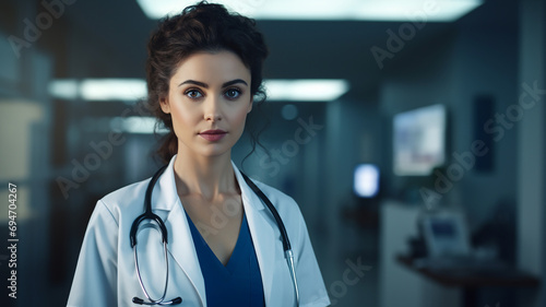 Portrait of female doctor with stethoscope at hospital corridor.