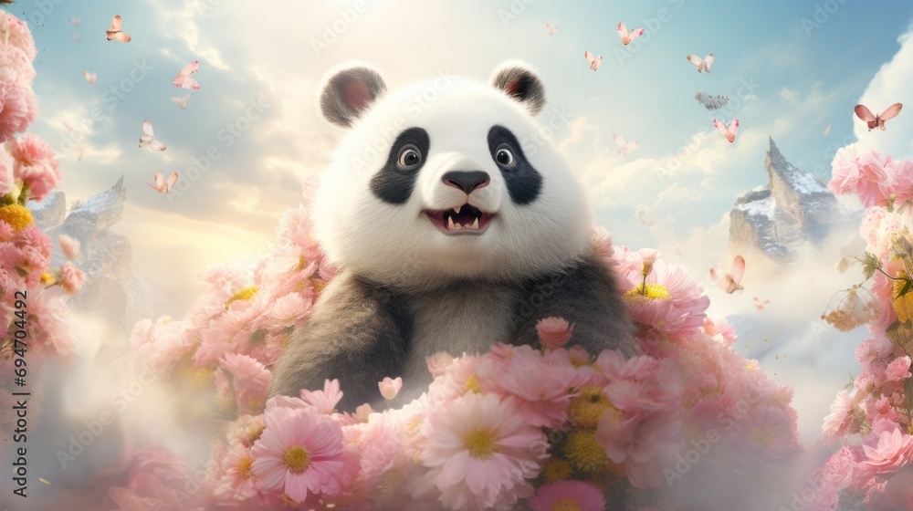 A panda bear sitting in a field of flowers A panda bear sitting in a field of flowers