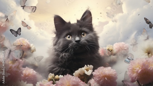 A black cat surrounded by flowers and butterflies