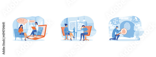 Online psychological. Psychotherapist appointment.Mental research and interview. Psychologist 2 set flat vector modern illustration 