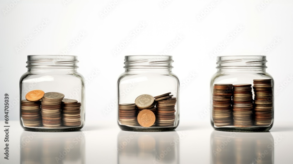 savings concept. Glass jars with coins like diagram, savings concept. Glass jars with coins like diagram,