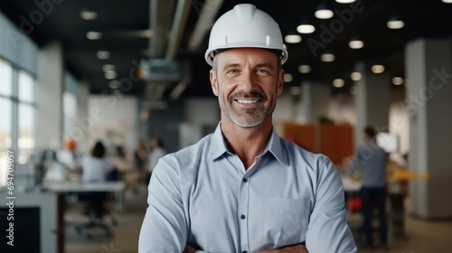 smiling male architect in helmet and safety west 