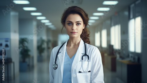 Portrait of young female doctor in hospital. Medical healthcare and doctor staff service.