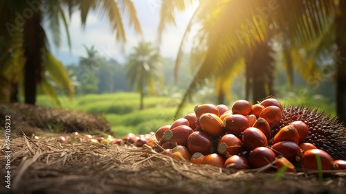 Oil Palm fruits with palm plantation background.