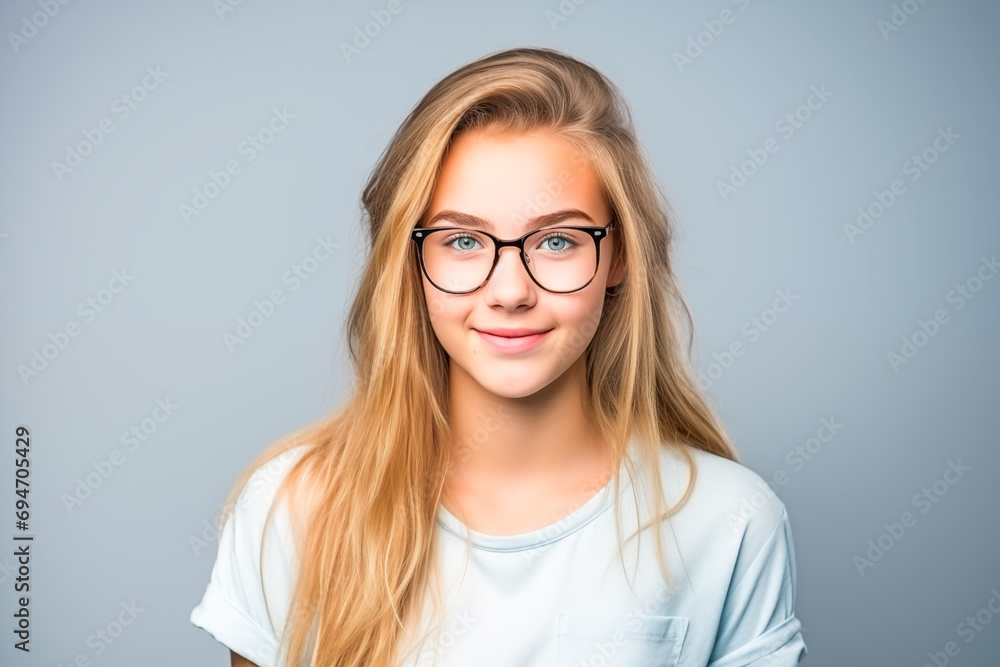 Studious teenage girl, blonde hair and glasses, wearing tee-shirt.