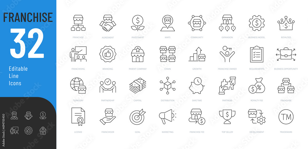 Franchise Editable Icons Set. Vector illustration in line style of business-related icons: franchisee, license, royalties, chain, expansion, and more.
 - obrazy, fototapety, plakaty 