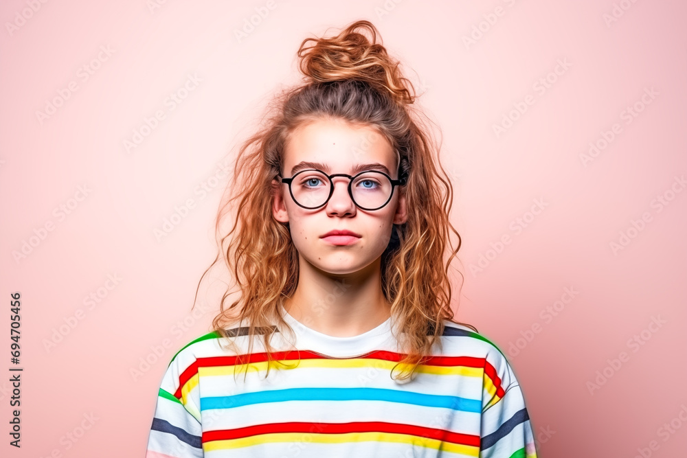 Eccentric adolescent with glasses, bun, and colorful sweater. Eccentric adolescent with glasses, bun, and colorful sweater.