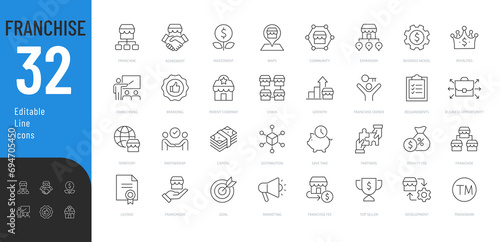 Franchise Editable Icons Set. Vector illustration in line style of business-related icons: franchisee, license, royalties, chain, expansion, and more. 