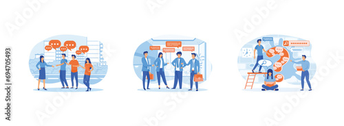 Discussion. Business team coworker discussing work. Ideas online and offline using laptop, smart phone, book. Discussing business set flat vector modern illustration