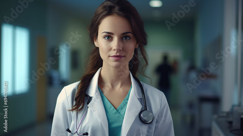 Portrait of a young female doctor with stethoscope in hospital corridor