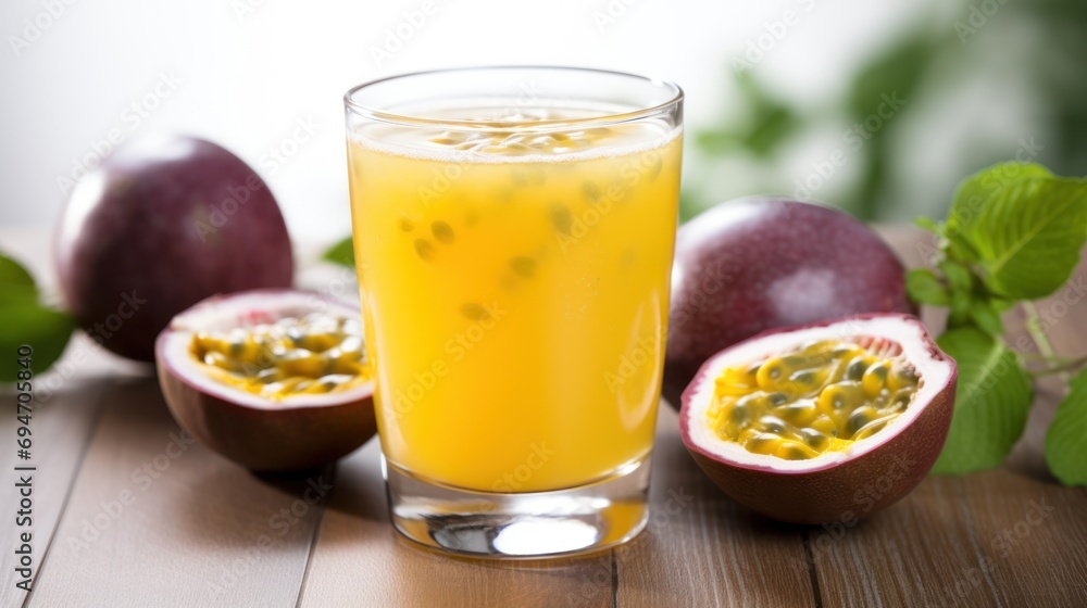 Fototapeta premium Passionfruit juice in glass and fresh passion fruit