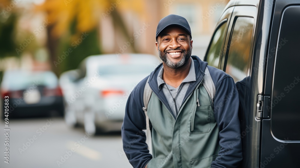 Portrait Smiling delivery man happy standing in front van, Portrait Smiling delivery man happy standing in front van,