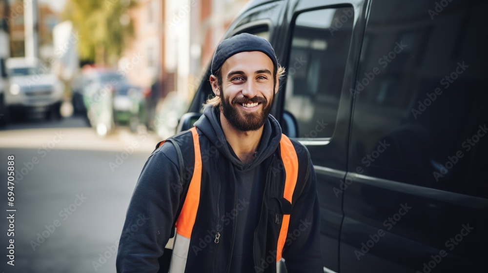 Portrait Smiling delivery man happy standing in front van, Portrait Smiling delivery man happy standing in front van,