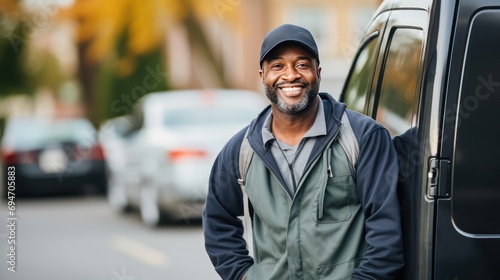 Portrait Smiling delivery man happy standing in front van,