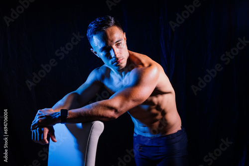 Seductive male model body, nude torso, naked man gay. Muscular shirtless man, attractive guy.