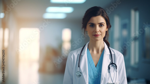 Portrait of female doctor with stethoscope standing in hospital corridor.