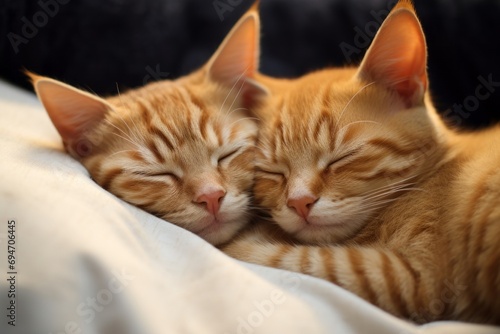 Two cute fluffy red kittens sleeping next to each other on a white blanket. Beautiful cat faces close up