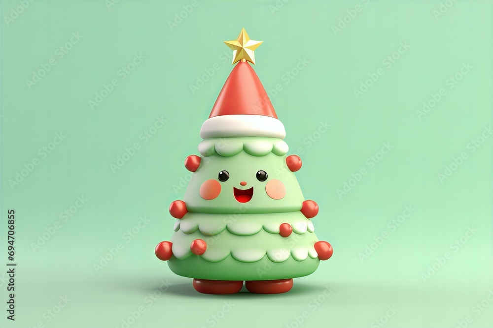 cute kawaii 3d style christmas tree with Santas hat on top, cute Christmas character cute kawaii 3d style christmas tree with Santas hat on top, cute Christmas character