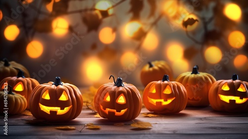 Halloween pumpkins on a wooden bench with bokeh light. Generative AI