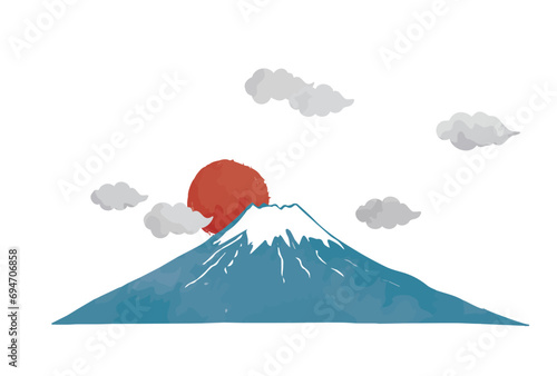 墨彩画風、水墨画風、初日の出と富士山