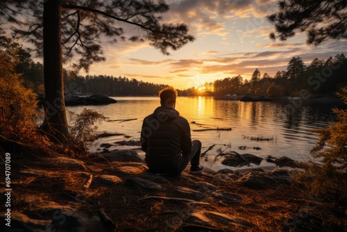 Introspective man on a lakeshore, savoring the serenity of a springtime sunset, Generative AI