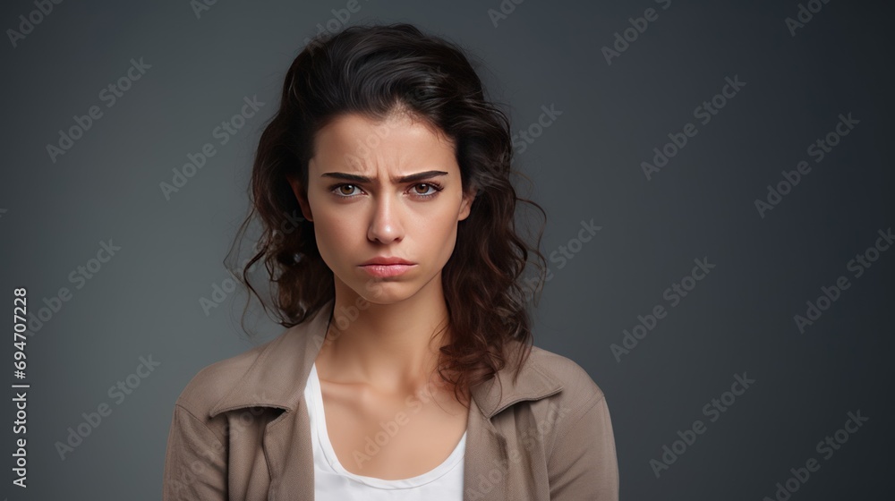 Fototapeta premium Unhappy gloomy and sulking cute, sad isolated on gray background ,