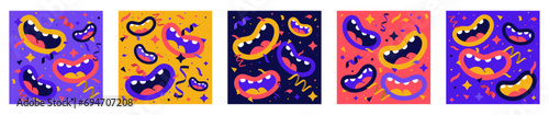 Cadres de sourires colorés et festifs - Bouches humoristiques et abstraites qui sourient - Cotillons, confettis et ambiance optimiste et drôle - Violet, jaune, rose et bleu, contenu éditable vif 