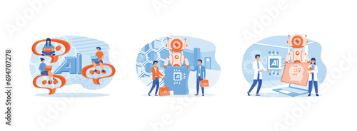 Artificial Intelligence AI.Business industry robot factory.Brain with neural network on laptop and scientists. Artificial Intelligence AI set flat vector modern illustration