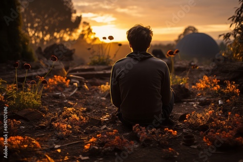 Lonesome man in a garden, admiring the radiant colors of a springtime sunset, Generative AI