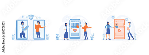 Mobile telemedicine smartphone application, Electronic health record, Useful mobile device tool for managing healthcare service. Electronic Healthcare set flat vector modern illustration