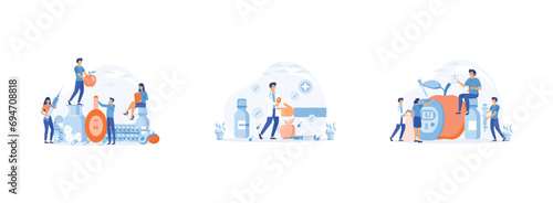 Diabetes poster with characters, Flat tiny high sugar level in blood persons concept, Diabetic Blood Glucose Level Test at Digital Glucometer. Diabetes Level set flat vector modern illustration