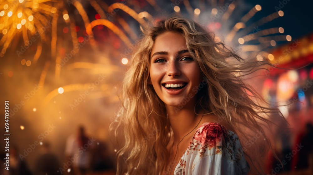 Festival Joy: Capturing the Beauty of a Happy Girl Amidst Summer Fireworks