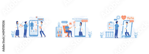 Doctors examining patient using a medical app on a smartphone, Medicine online service or platform, Doctor videocalling on smartphone screen. Online Medical Consultation set flat vector modern illustr