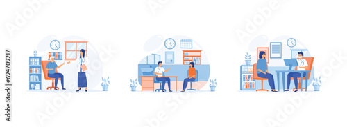 Consultation with a Geriatrician Doctor, Practitioner doctor man and young woman patient in hospital medical office, Physycian sitting at the desk with monitor. Medical Consultation set flat vector mo