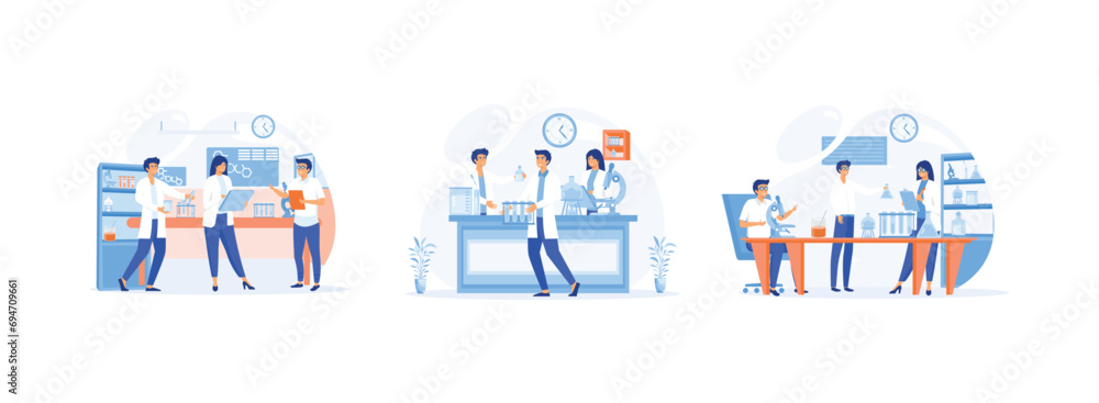 Scientists in lab, Scientist people wearing lab coats, Laboratory interior, equipment and lab glassware. Laboratory set flat vector modern illustration