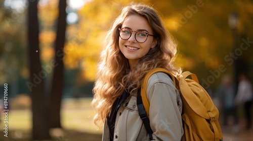  student girl with a backpack and glasses in the park 