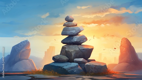 Balanced rock stack with beautiful view for balance concept. Customizable zen stones background. Generative AI