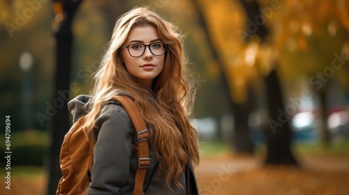 A student girl with a backpack in the park ,back to school