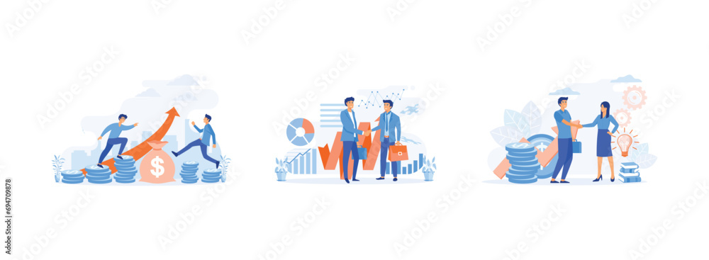 Business people stepping up on Rupee coins against a growing upward graph, business analysis and planning, Business porters a successful team. Business growth set flat vector modern illustration