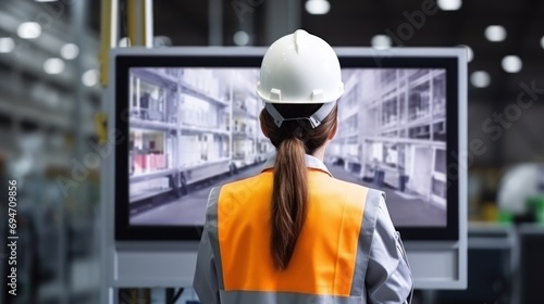 Back view of engineer woman in safety helmet and uniforms on Big Screen 