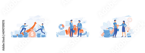 Business people stepping up on Rupee coins against a growing upward graph, business analysis and planning, Business porters a successful team. Business growth set flat vector modern illustration