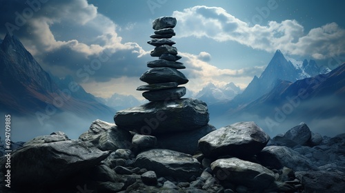 Balanced rock stack with beautiful view for balance concept. Customizable zen stones background. Generative AI
